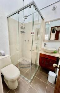 uma casa de banho com um chuveiro, um WC e um lavatório. em Hotel-Apartahotel Boutique Piedra & Luna em Villa de Leyva