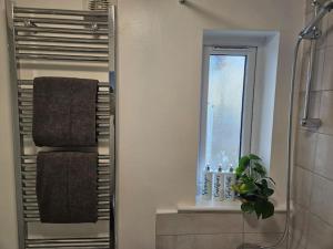 a bathroom with a mirror and a window and towels at Coolinge Apartment in Kent