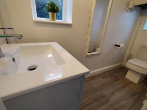 uma casa de banho com um lavatório branco e um WC. em Polaris House - sleeps 6, driveway, garden em Crewe