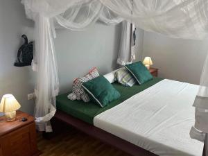 1 dormitorio con cama con dosel y almohadas verdes y blancas en Appartement Melissa97- Bât4 Spacieux à Dzamandzar en Nosy Be
