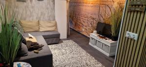 een woonkamer met een bank en een tv bij Noorderster aan zee in Zandvoort