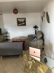 ein Wohnzimmer mit einem Sofa und einem Laptop auf dem Tisch in der Unterkunft Chez Laurenn in Le Carbet