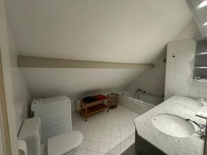 a small bathroom with a toilet and two sinks at Duplex Rosières - 12’ de Bruxelles in Rixensart