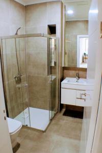 a bathroom with a shower and a toilet and a sink at Flamingo Plateau 1A apt on Rua Pedonal Praia Cape Verde in Praia