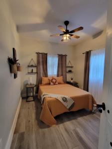 1 dormitorio con 1 cama y ventilador de techo en El susurro de las mariposas en Jarabacoa