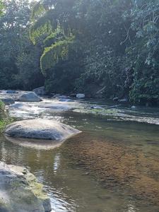 un río con rocas en el agua y árboles en El susurro de las mariposas en Jarabacoa