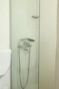 a shower with a glass door next to a toilet at Cozy studio apt in Terra Branca with WIFI - LCGR in Praia