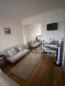 a living room with a couch and a television at Bright Suite in Whitstable