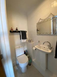 a white bathroom with a toilet and a sink at Bright Suite in Whitstable