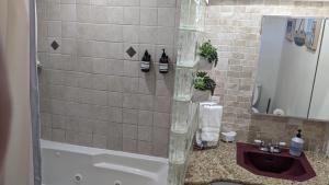 un baño con ducha y lavabo en Cozy B- condo in charming Corpus Christi with WiFi, AC near Laguna Madre, en Corpus Christi 19 fotos más