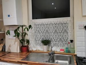 eine Küchentheke mit Spüle und Fenster in der Unterkunft Entire house Sheffield s10booking in Stannington