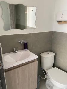 La salle de bains est pourvue d'un lavabo, de toilettes et d'un miroir. dans l'établissement Excelente nuevo Apartaestudio, à Popayan