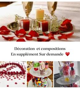 a collage of pictures of a table with red roses and candles at Ti iguane in La Trinité