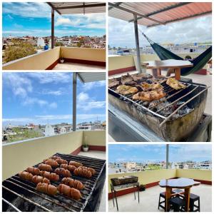 un collage di quattro foto di una griglia con cibo di Departamento Raya a Puerto Ayora