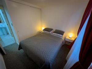 1 dormitorio pequeño con 1 cama y 2 lámparas en Departamento céntrico con estacionamiento, en Concepción