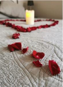 a group of red rose petals on a bed at Ti iguane in La Trinité