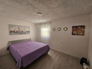 1 dormitorio con cama morada y ventana en Apartments with a parking space Vir - 22626 en Vir