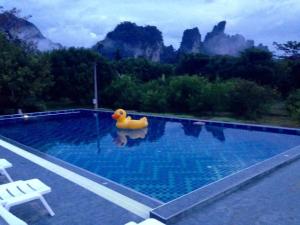 żółta gumowa kaczka siedząca w basenie w obiekcie The Royal Bamboo Lodges - SHA Certified w Khao Sok