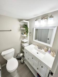 a bathroom with a toilet and a sink and a mirror at Wondrous Waterfront Condo w/ Pool & Washer/Dryer in Fort Walton Beach