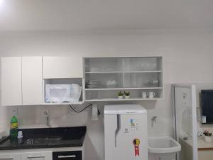 een kleine keuken met een koelkast en een wastafel bij Flat Espetacular Recanto de Minas in São Lourenço