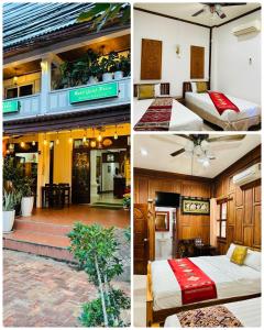 a collage of three pictures of a hotel room at Mano boutique sun shine in Luang Prabang
