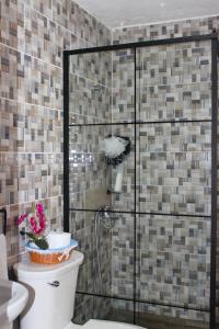 bagno con doccia in vetro e servizi igienici di Villa Raynell a Constanza