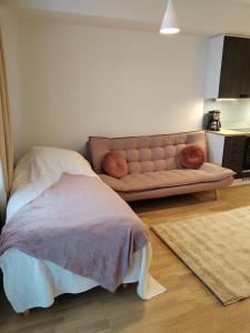 uma sala de estar com um sofá com almofadas em Upea yksiö ydinkeskustasta. em Lappeenranta