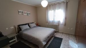 Un dormitorio con una cama grande y una ventana en Veria Ammos apartment to farm with treehouse en Ámmos