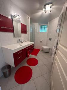 a bathroom with a sink and a toilet and red rug at Chalet Savoyard 6 pers vue panoramique Chez Mani in Sallanches