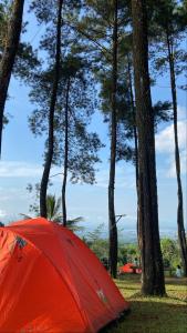 an orange tent sitting next to some trees at X CampGround in Bukittinggi