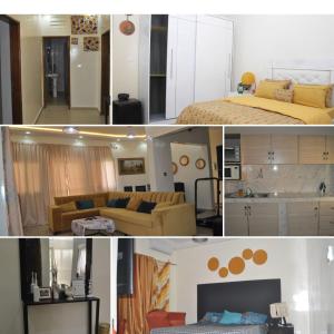 a collage of photos of a bedroom and a living room at Le "Grand Bleu", un bel appartement paisible, sûr et spatieux au cœur de la station balnéaire de Saly Portudal in Saly Portudal