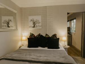 1 dormitorio con 1 cama grande con almohadas negras en Stacey's Apartment, en Hillcrest
