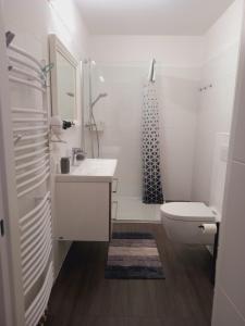 a white bathroom with a toilet and a shower at Lauro Apartment in Vienna