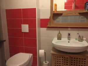 a bathroom with a white toilet and a sink at Wichtelhaus in Treis-Karden