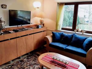 a living room with a couch and a flat screen tv at Spacious Holiday Home in Karl in Eifel with Sauna in Karl