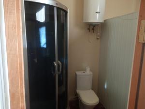 ein Bad mit einem WC und einer Glasdusche in der Unterkunft apartament in Sugdidi