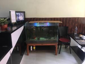 a fish tank sitting on a table next to a desk at Lasa Kusa Homestay in Pātan