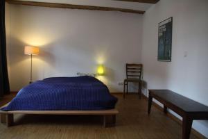 um quarto com uma cama, uma secretária e uma cadeira em Ferienhaus Früh am See em Fürstenwerder