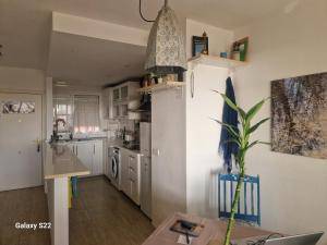 una cocina con armarios blancos y una mesa con una planta en Marveo, en La Oliva