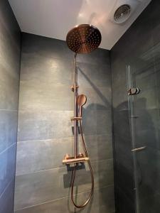een douche met een douchekop in de badkamer bij Romantic Dutch hideaway in Jisp