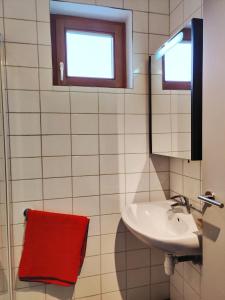 W łazience znajduje się umywalka i czerwony ręcznik. w obiekcie Petit nid en Alsace studio indépendant avec salle de douche privative w mieście Buschwiller