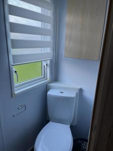 a bathroom with a white toilet and a window at GDs Luxury Caravan Hire Turnberry Holiday Park in Turnberry