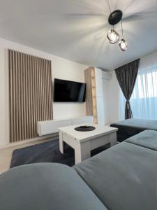 um quarto de hotel com duas camas e uma televisão em Sunny Accommodation Suceava 56 em Suceava