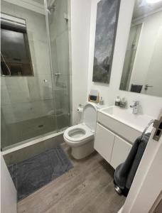 a bathroom with a toilet and a shower and a sink at Castle Rock Apartment in Cape Town