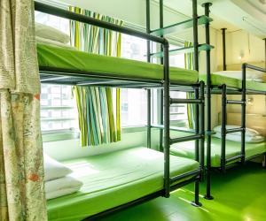 two bunk beds in a room with a window at Yesinn @YMT in Hong Kong +55 photos