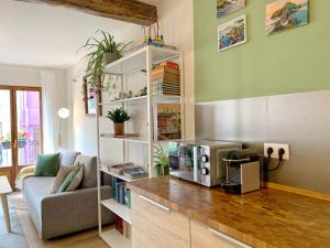 uma sala de estar com um sofá e um micro-ondas em Charming flat in Bermeo's Old Town- Nardiz em Bermeo