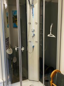 a shower with a glass door in a bathroom at Ancien Relais de Poste The Old Post Office in Saint-Martial-dʼAlbarède