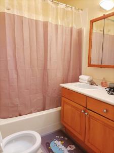 a bathroom with a toilet and a sink and a shower at Llt Fraser HomeAway in Vancouver