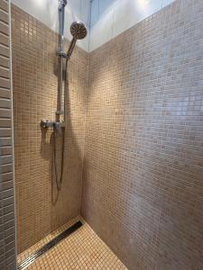 a shower in a bathroom with brown tiled walls at Ferienhaus Lönnehus in Fehmarn +21 photos