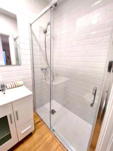 a shower with a glass door in a bathroom at Enladrillada Apartment in Seville